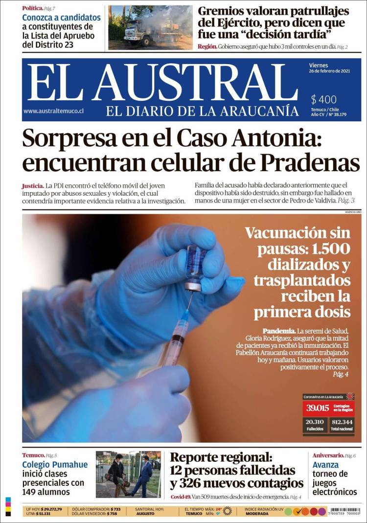 Portada de El Austral de Temuco (Chile)