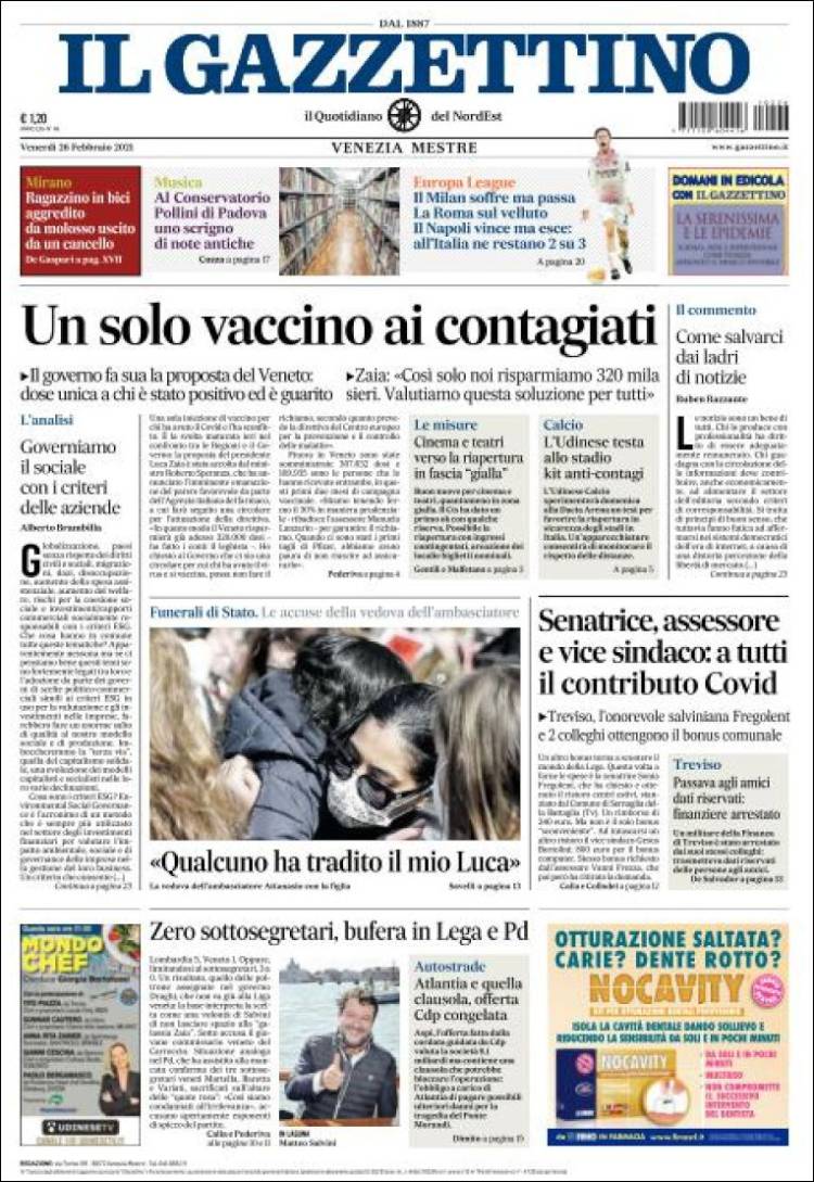 Portada de Il Gazzettino (Italia)