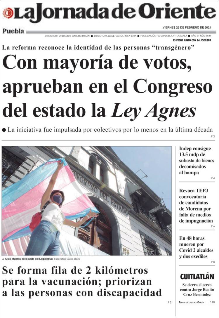 Portada de La Jornada de Oriente - Puebla (México)