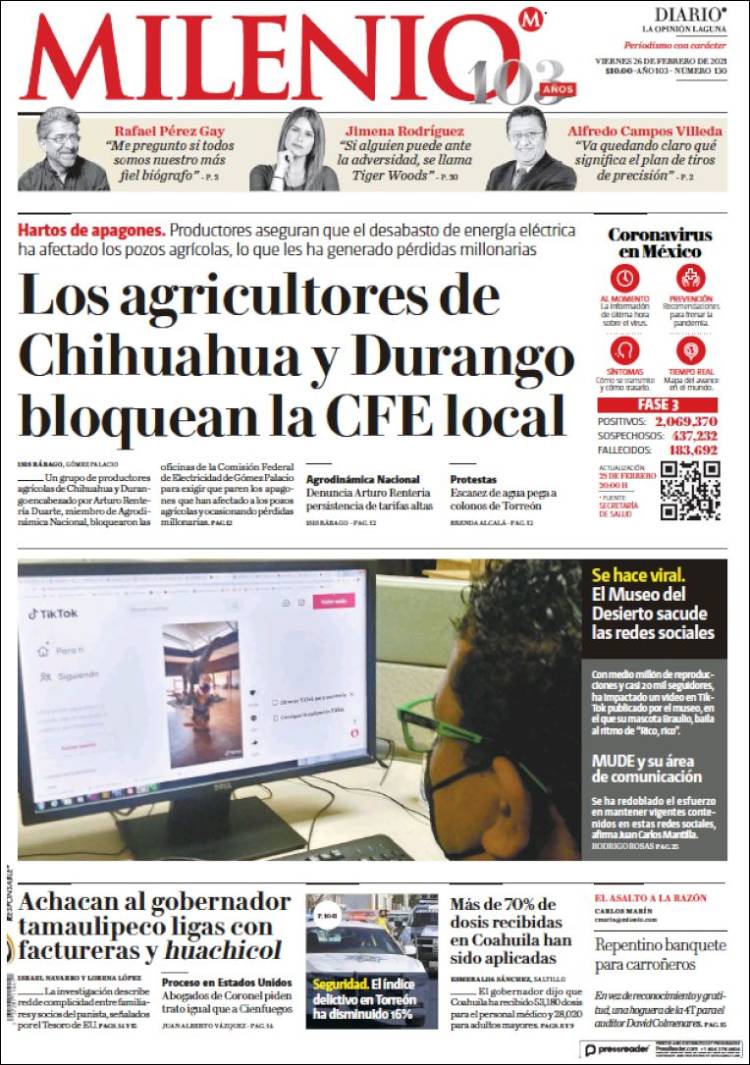 Portada de Milenio - Laguna (México)