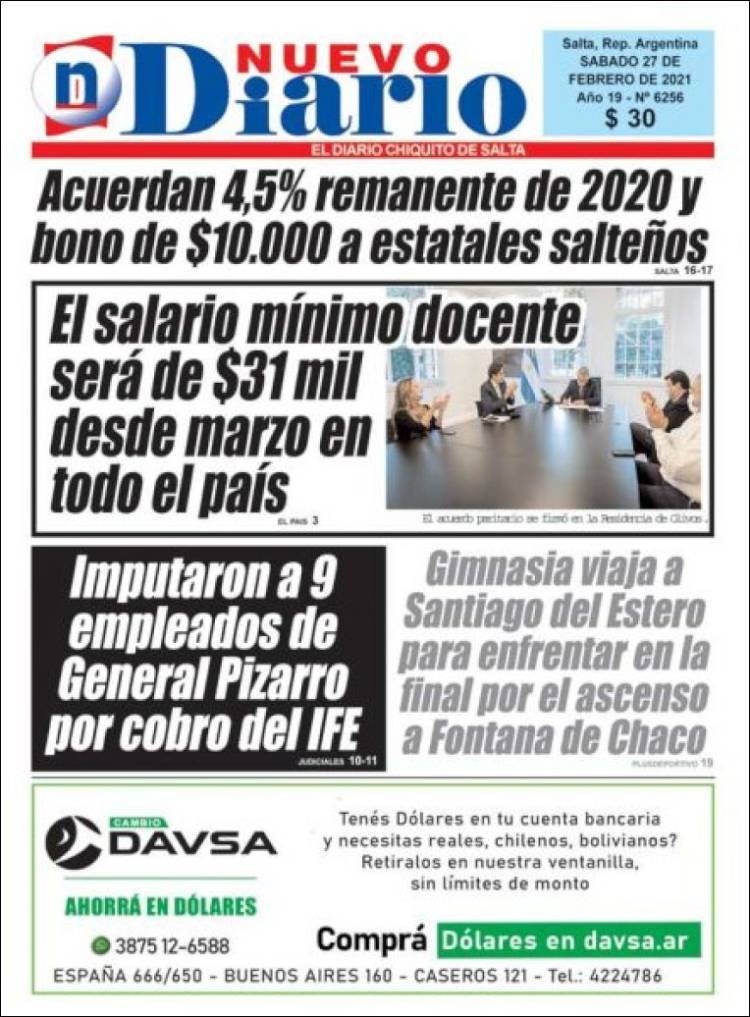 Portada de Nuevo Diario de Salta (Argentina)