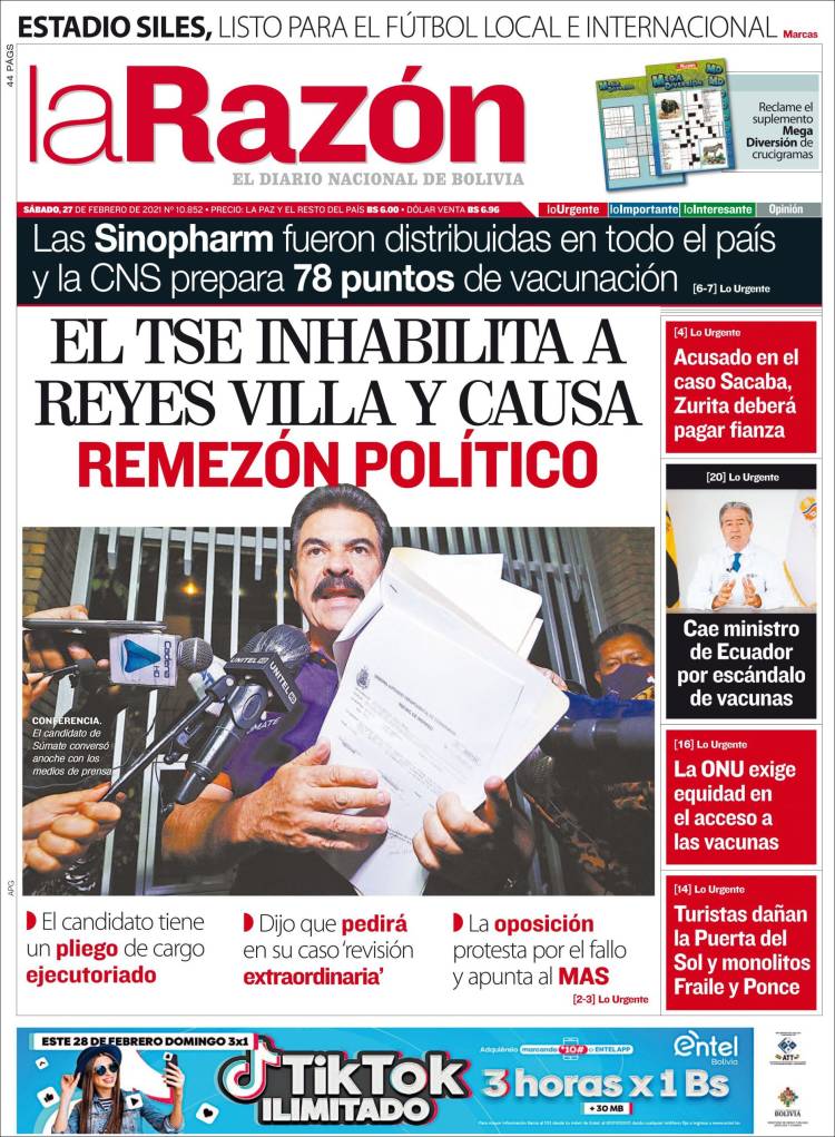 Portada de La Razón (Bolivia)
