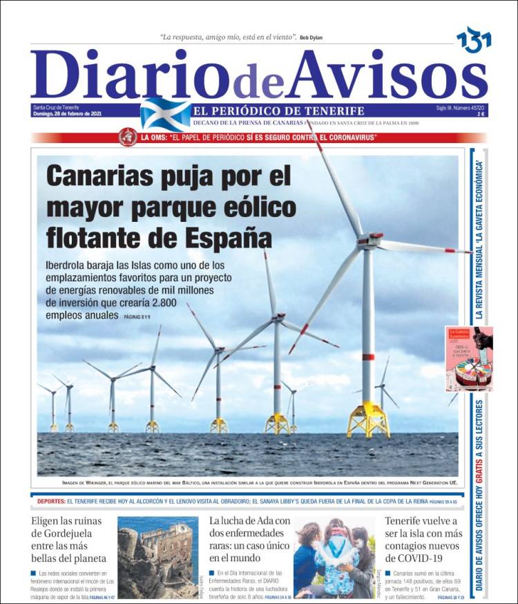 Portada de Diarios de Avisos (España)