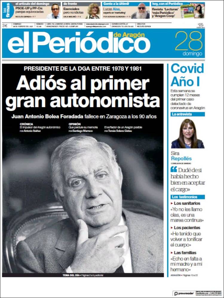 Portada de El Periódico de Aragón (España)