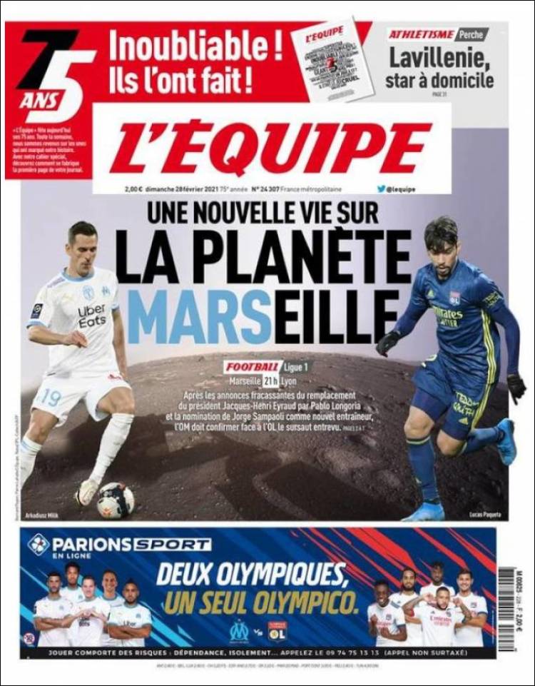 Periódico L'Equipe (Francia). Periódicos de Francia. Edición de domingo ...