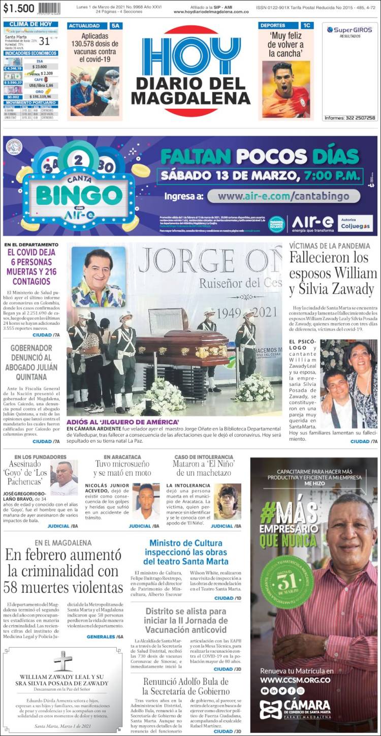 Portada de Hoy Diario del Magdalena (Colombia)