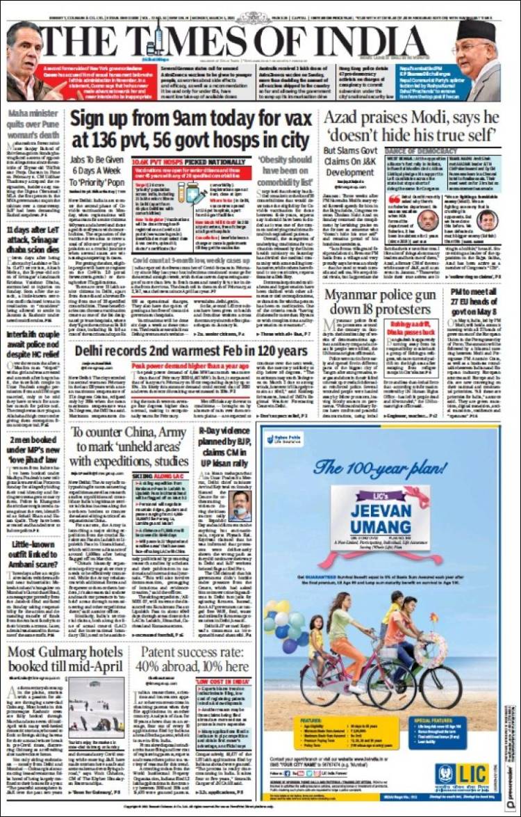 Portada de The Times of India (India)