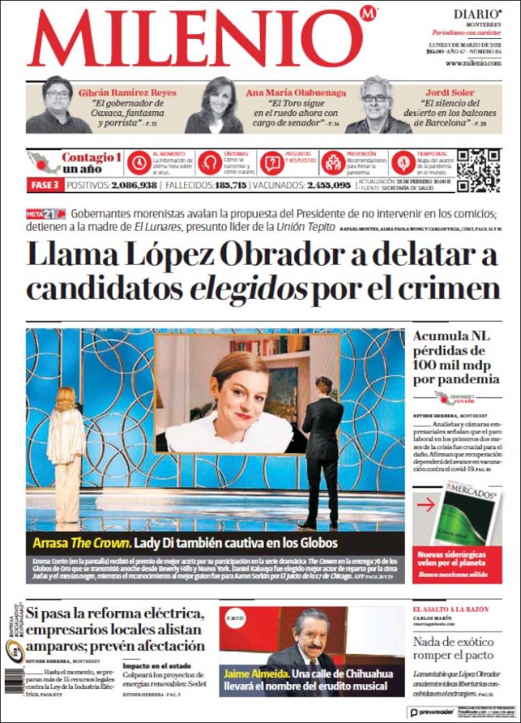 Portada de Milenio de Monterrey (Mexico)