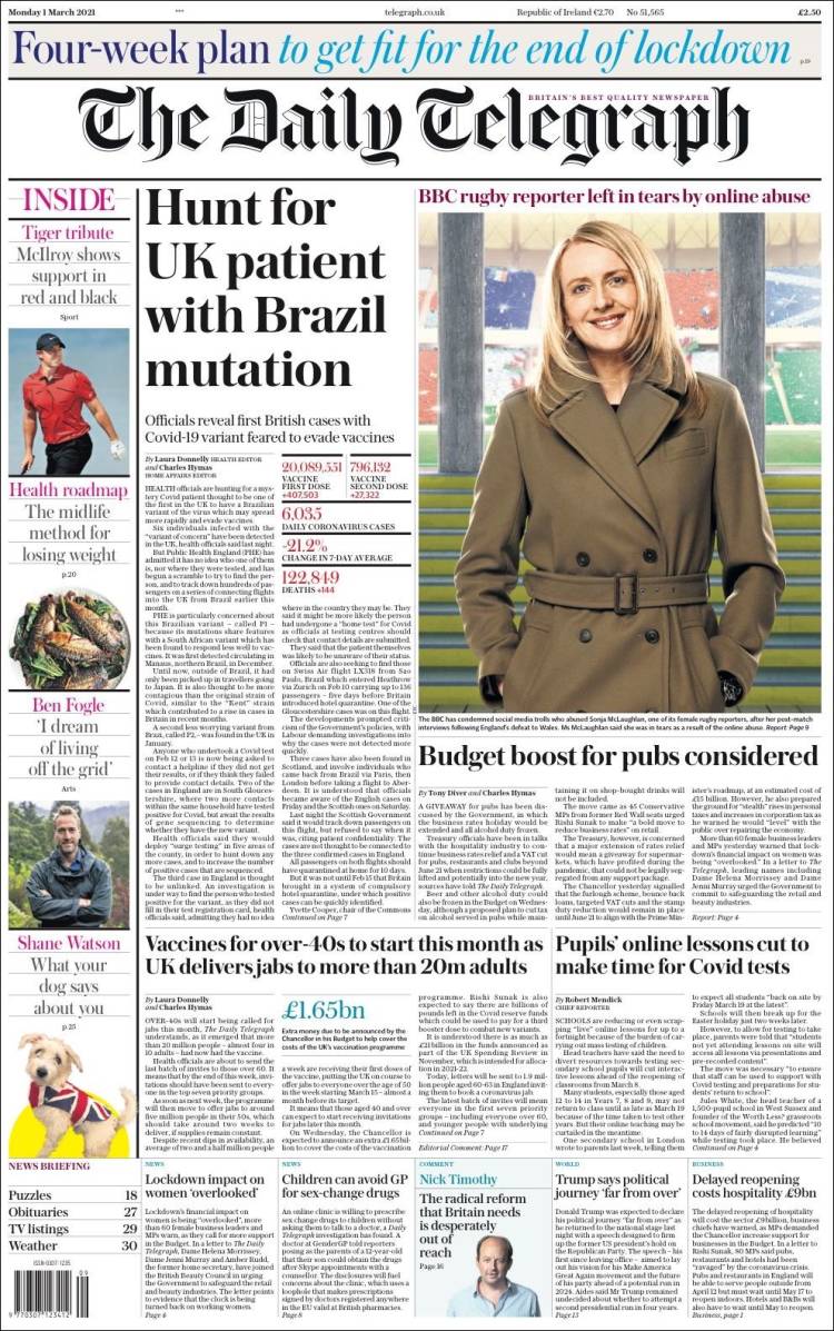 Portada de Daily Telegraph (Reino Unido)