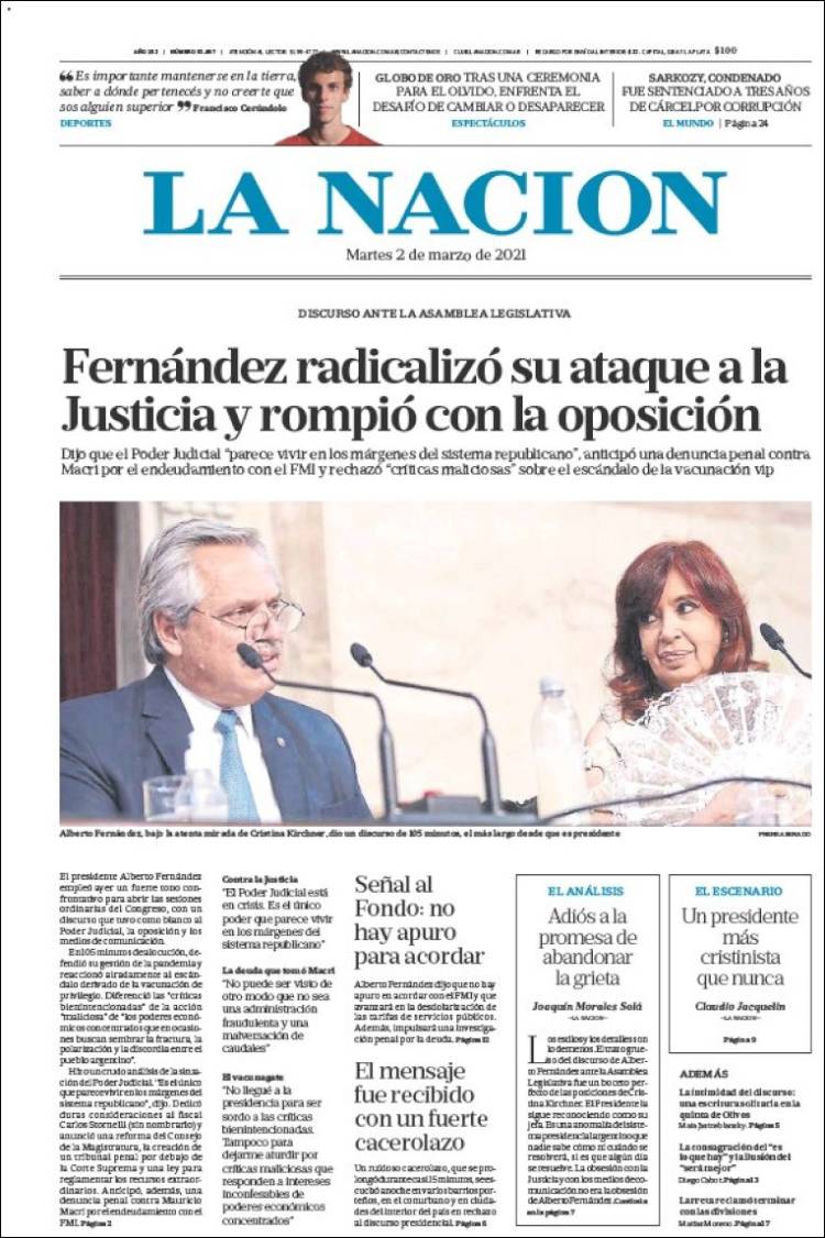 Portada de La Nación (Argentina)