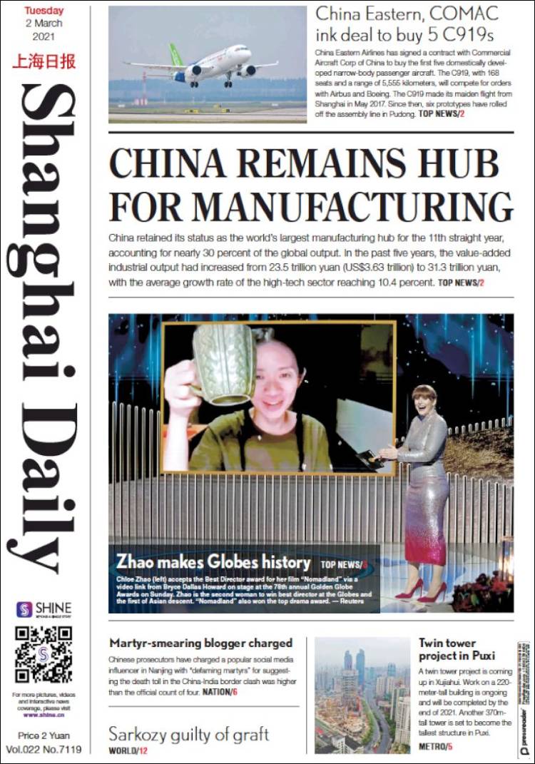 Portada de Shanghai Daily (China)