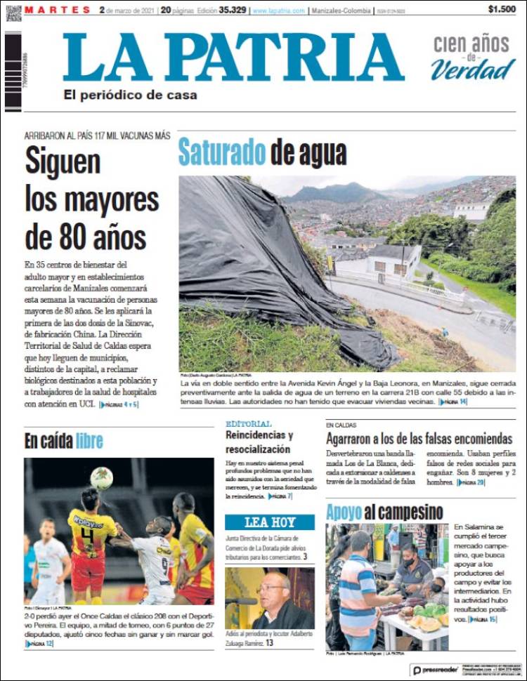 Portada de La Patria (Colombia)