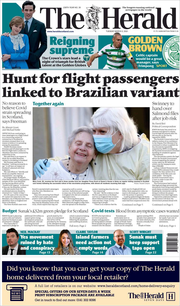 Portada de The Herald (Reino Unido)