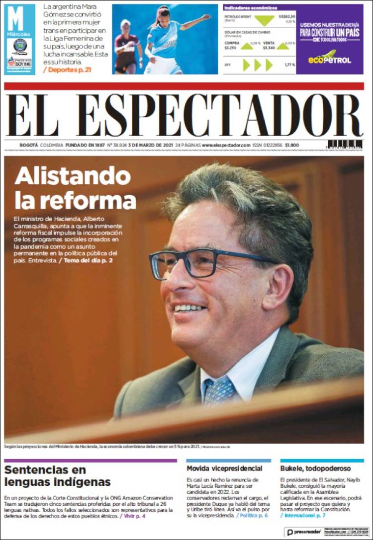 Portada de El Espectador (Colombia)