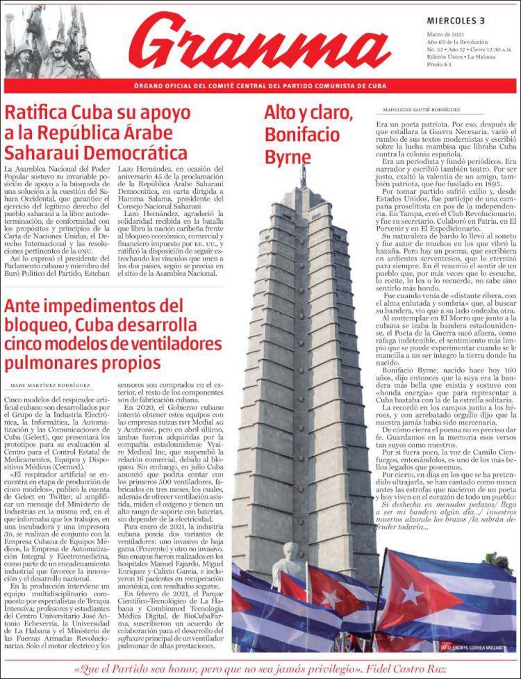 Portada de Granma (Cuba)