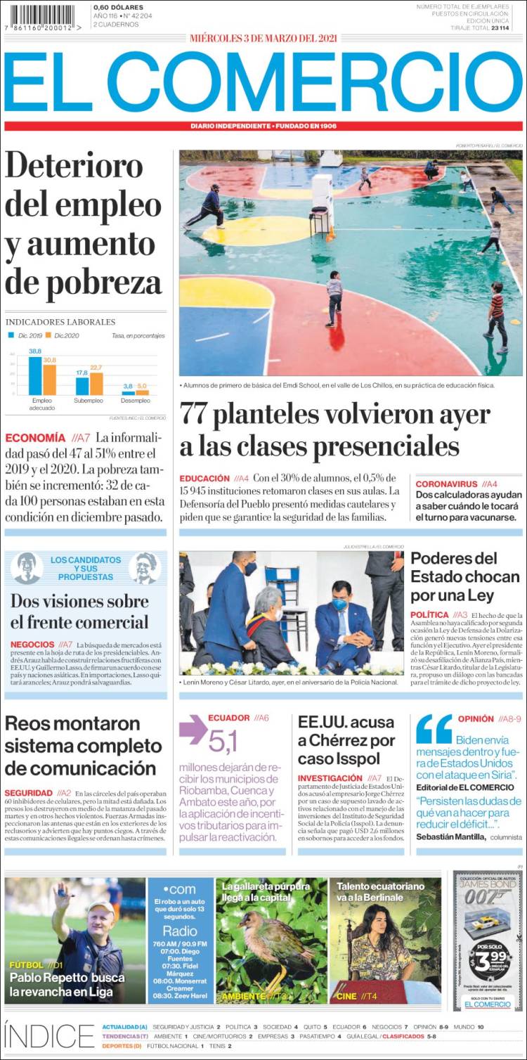 Portada de El Comercio (Ecuador)