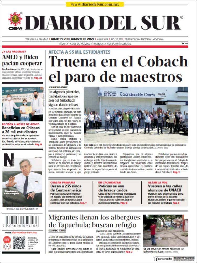Portada de El Diario del Sur (M&eacute;xico)