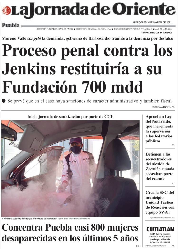 Portada de La Jornada de Oriente - Puebla (M&eacute;xico)
