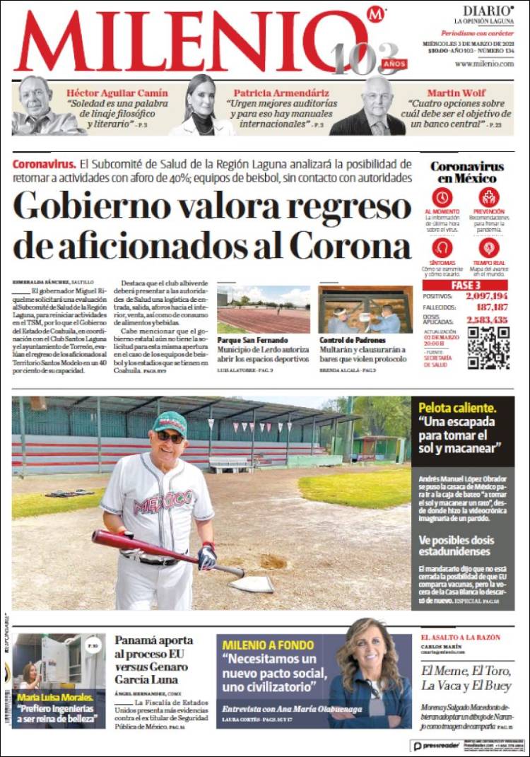 Portada de Milenio - Laguna (M&eacute;xico)