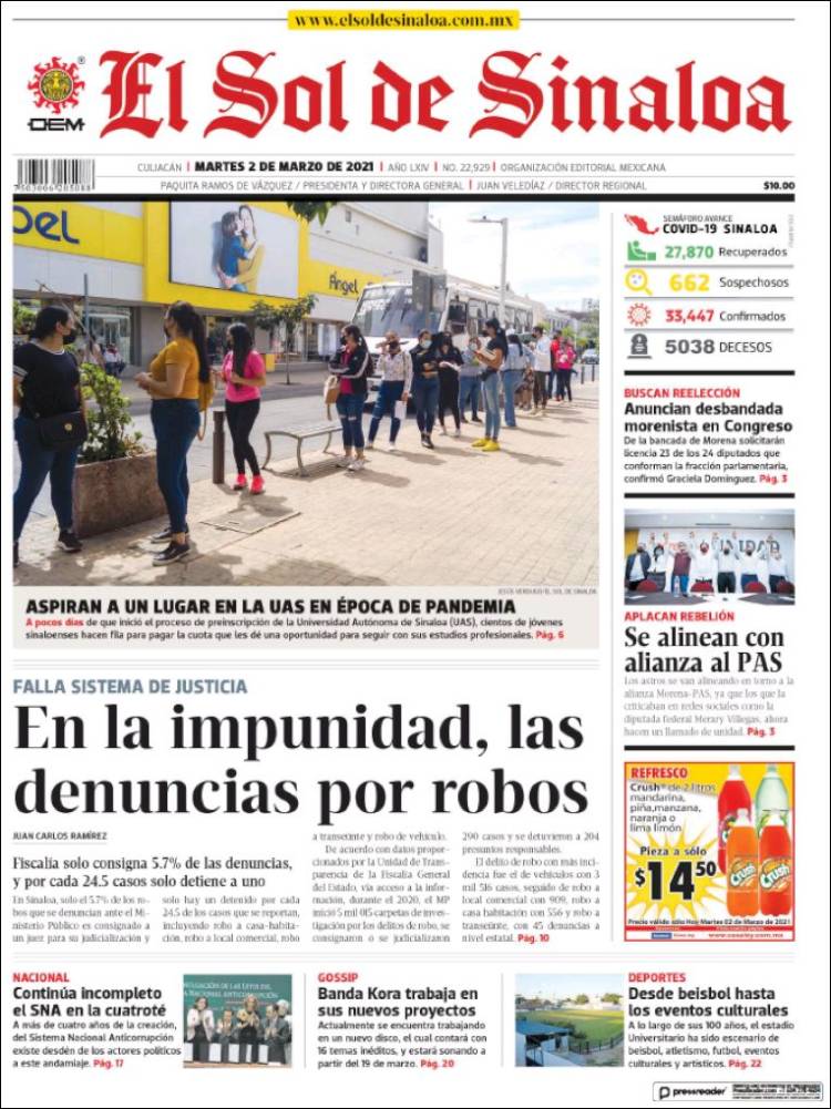 Portada de El Sol de Sinaloa (M&eacute;xico)