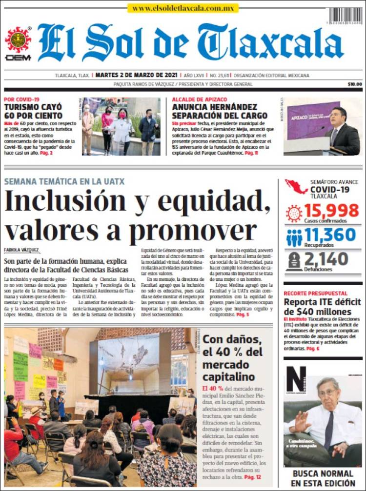 Portada de El Sol de Tlaxcala (M&eacute;xico)