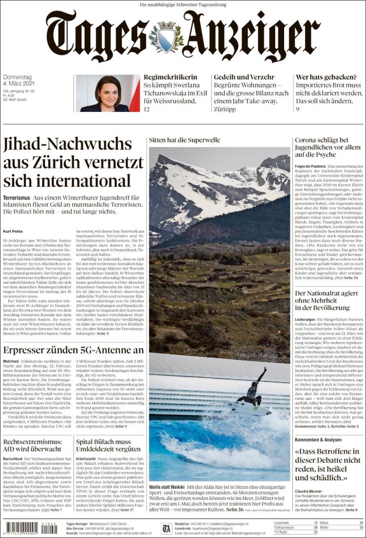 Portada de Tages-Anzeiger (Suiza)