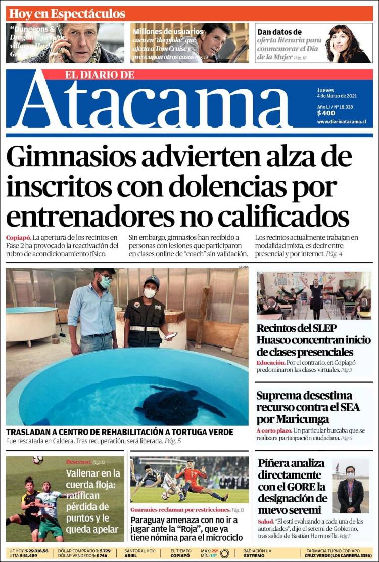 Periódico Diario de Atacama (Chile). Periódicos de Chile. Edición de  jueves, 4 de marzo de 2021. 