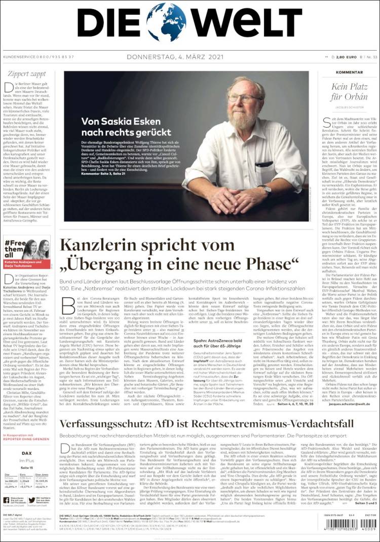 Portada de Die Welt (Germany)