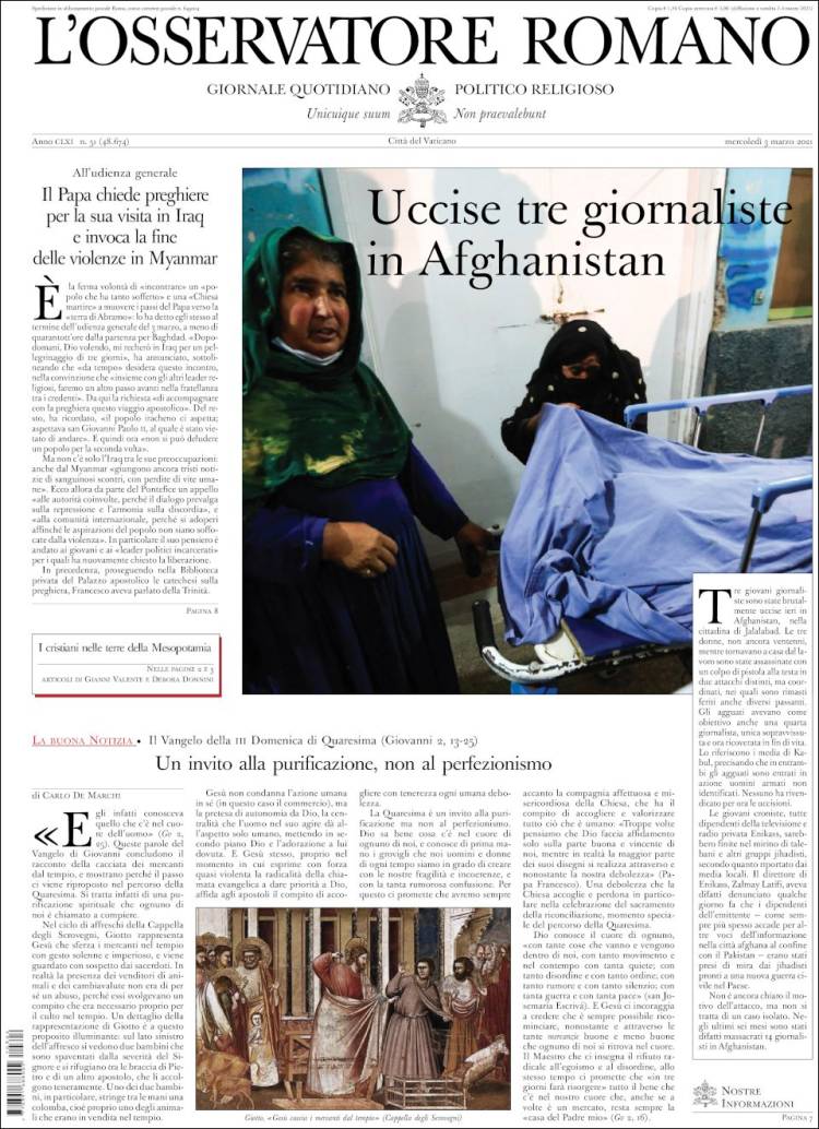 Portada de L'Osservatore Romano (Italia)