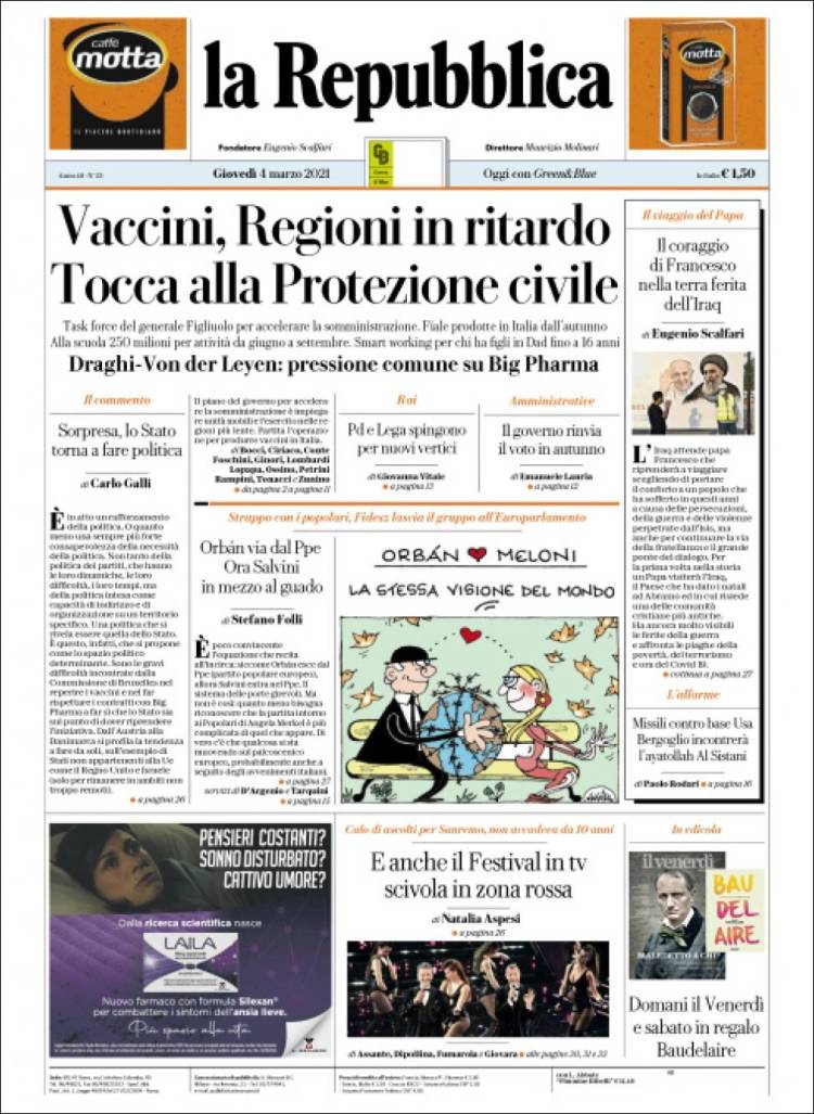 Portada de La Repubblica (Italia)