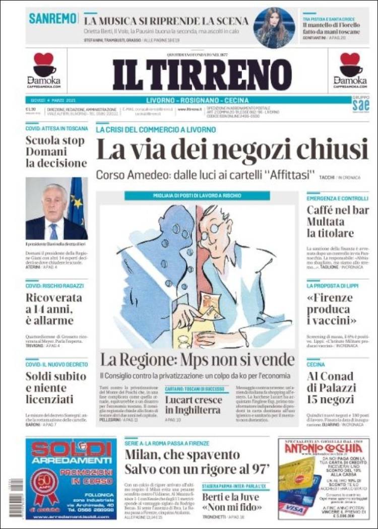 Portada de Il Tirreno (Italia)