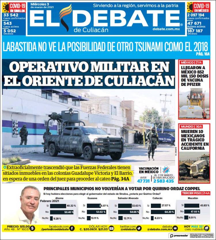 Portada de El Debate de Culiacán (México)