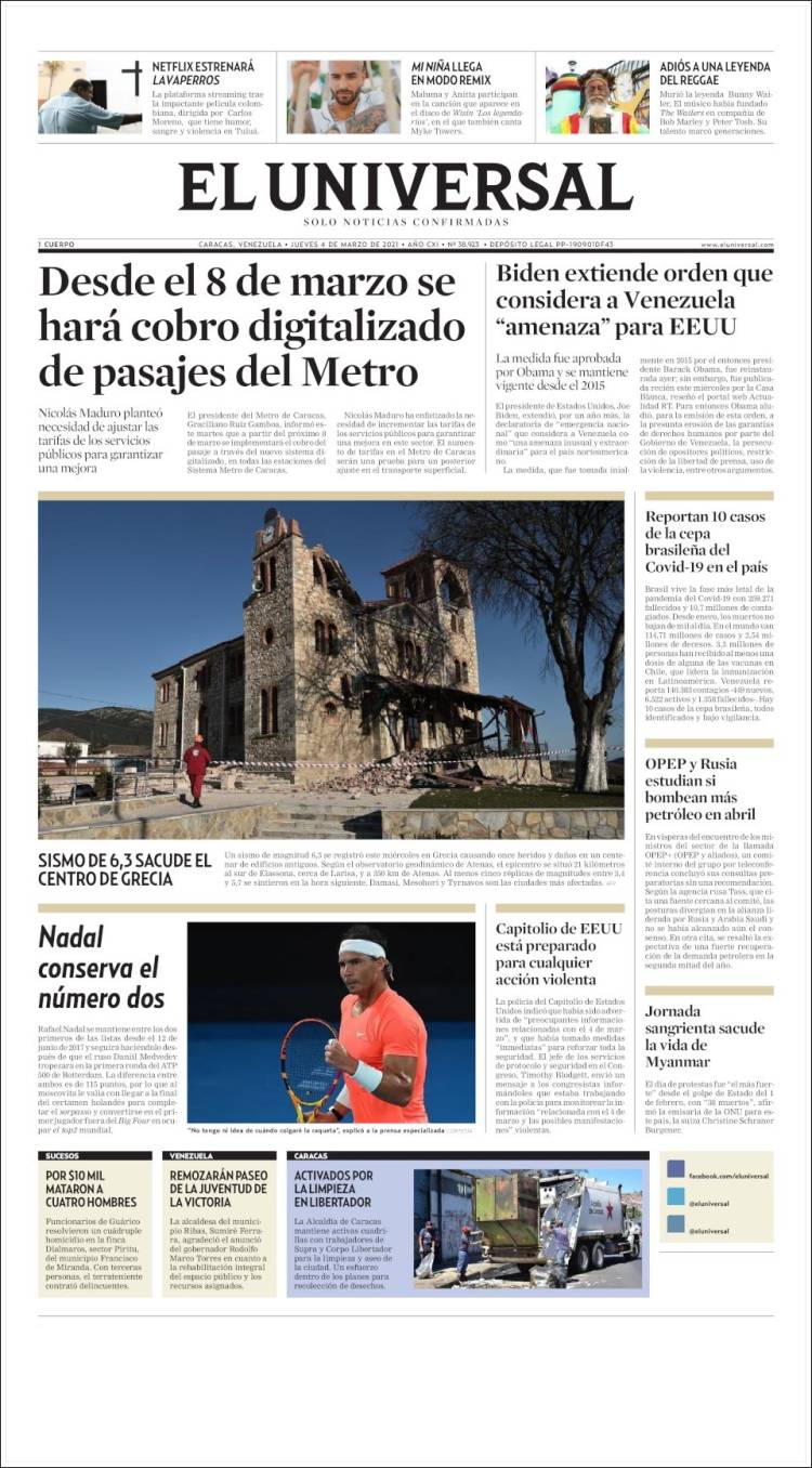 Portada de Universal (Venezuela)