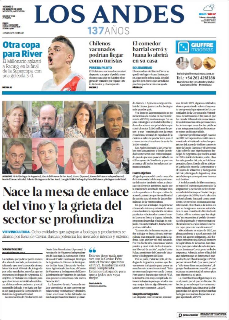 Portada de Los Andes - Mendoza (Argentina)