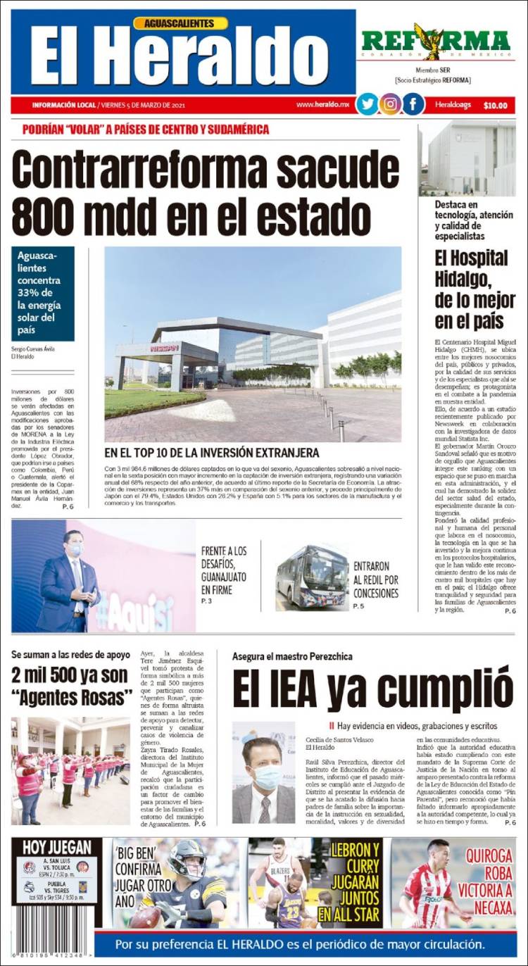 Portada de El Heraldo de Aguascalientes (México)