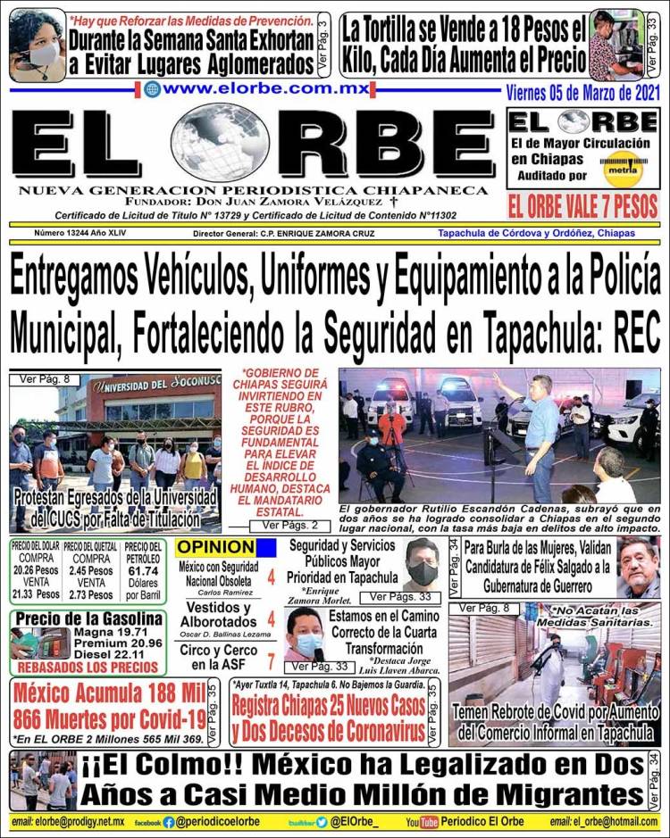 Periódico El Orbe (México). Periódicos de México. Edición de viernes, 5 de  marzo de 2021. 