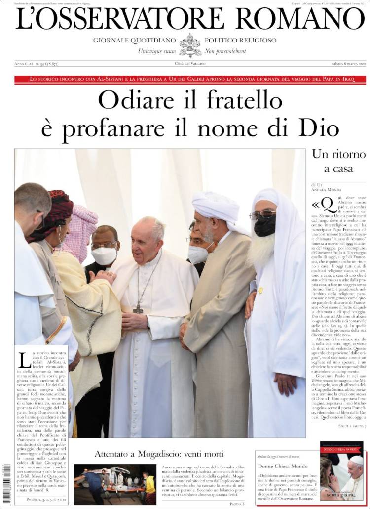 Portada de L'Osservatore Romano (Italia)