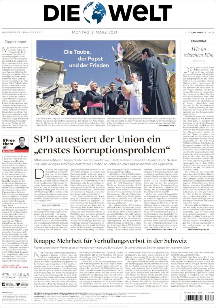 Portada de Die Welt (Alemania)