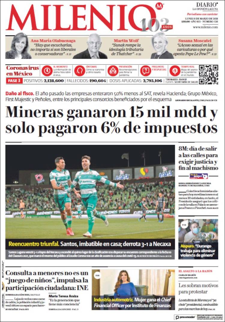 Portada de Milenio - Laguna (México)