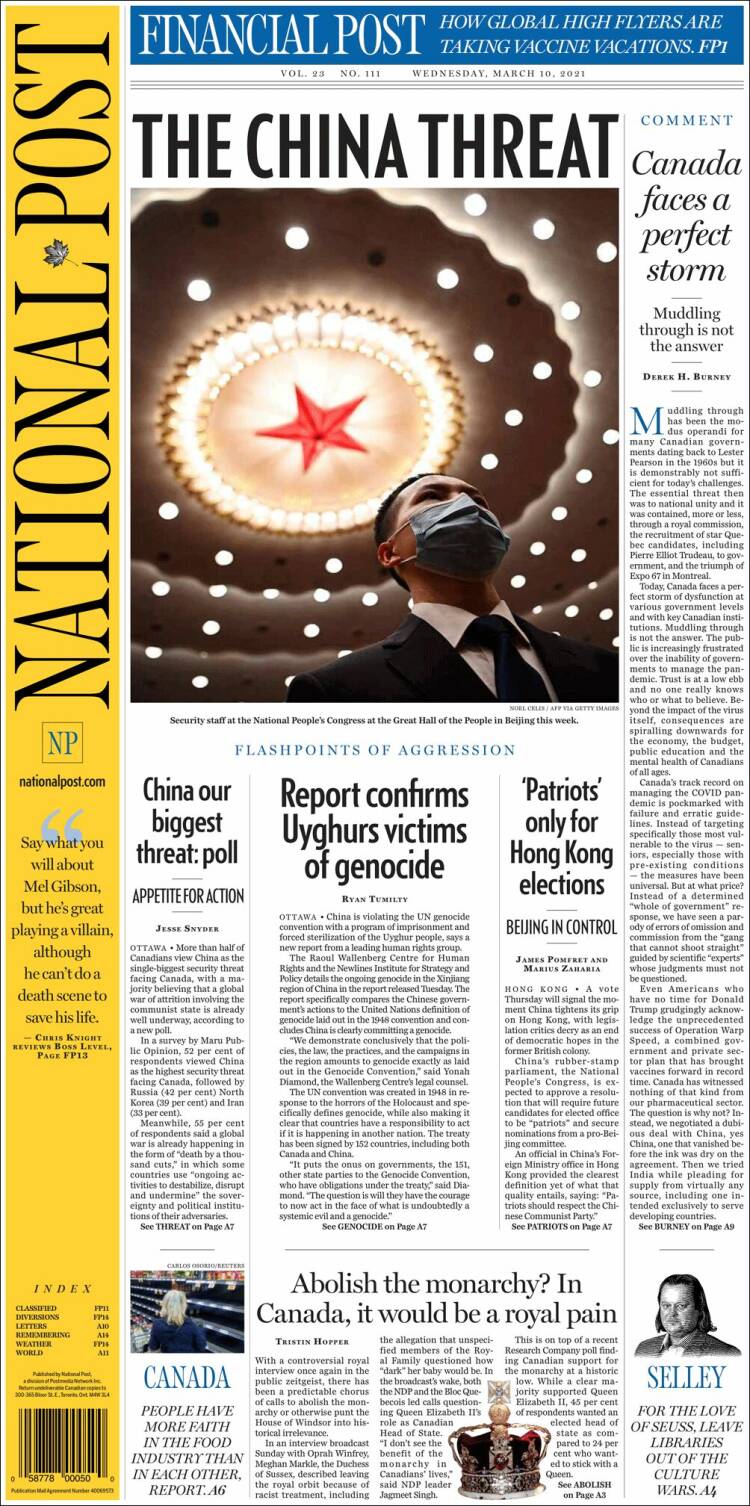 Portada de The National Post (Canada)