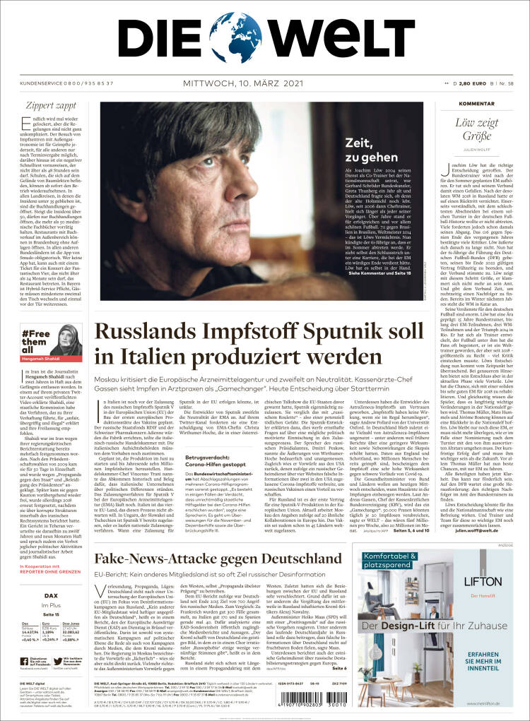 Portada de Die Welt (Alemania)