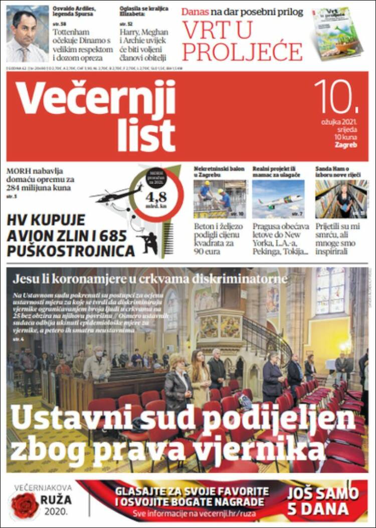 Portada de Večernji (Croacia)