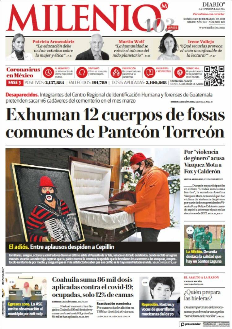 Portada de Milenio - Laguna (México)
