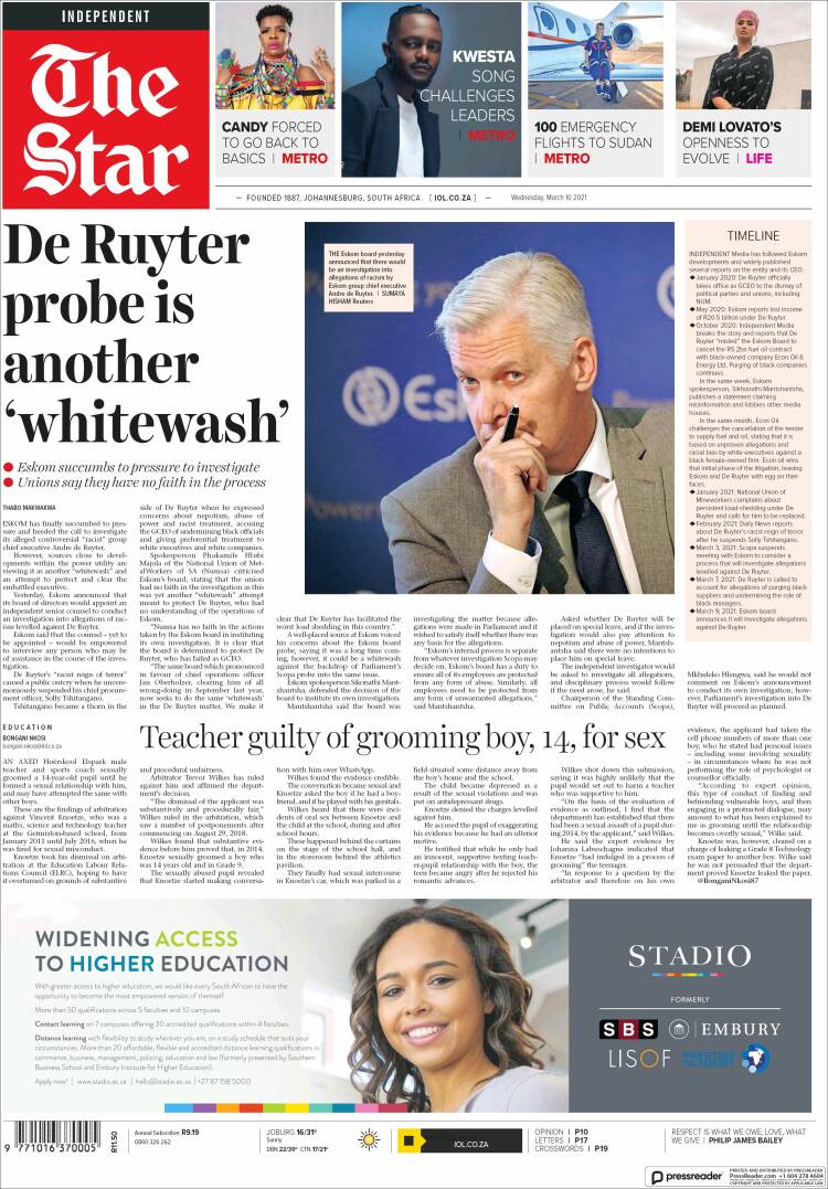 Portada de The Star (Sud&aacute;frica)