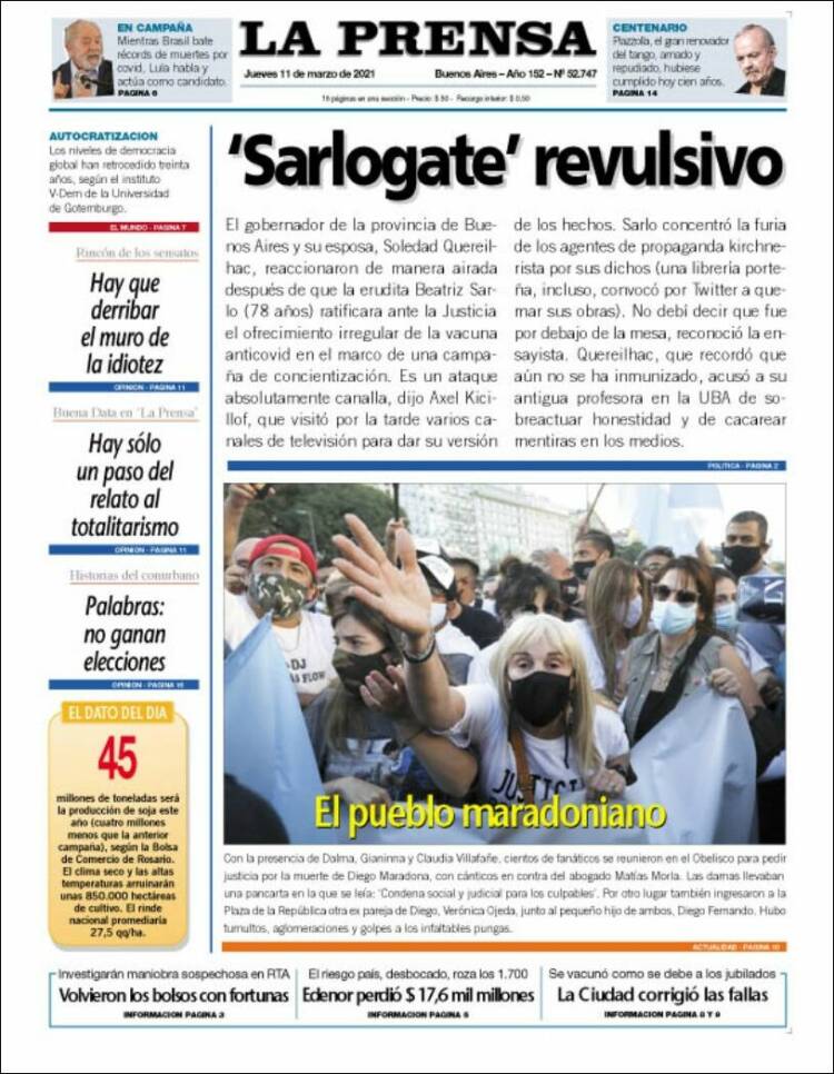 Portada de La Prensa (Argentina)
