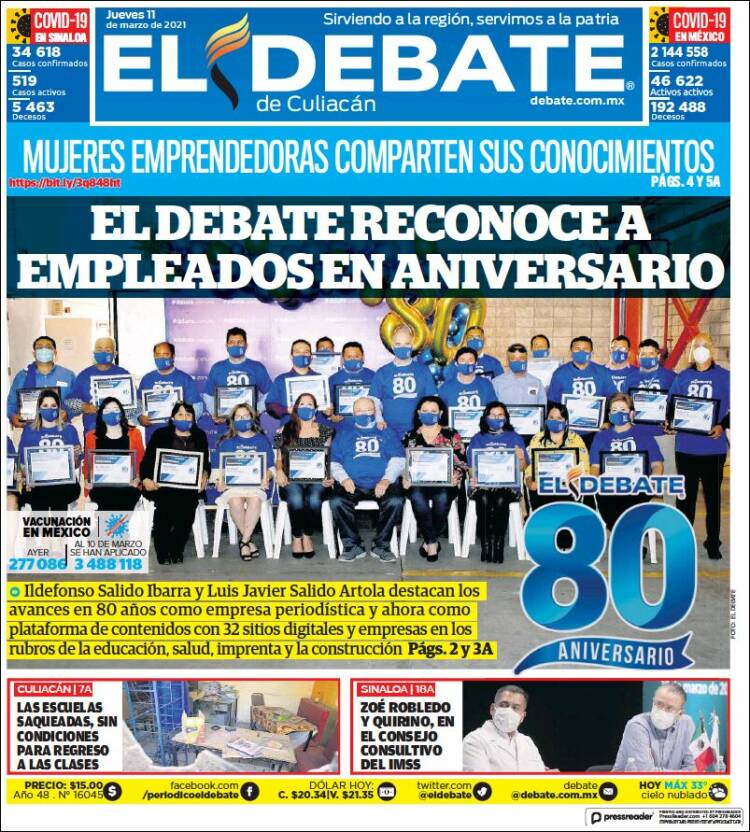 Portada de El Debate de Culiacán (México)