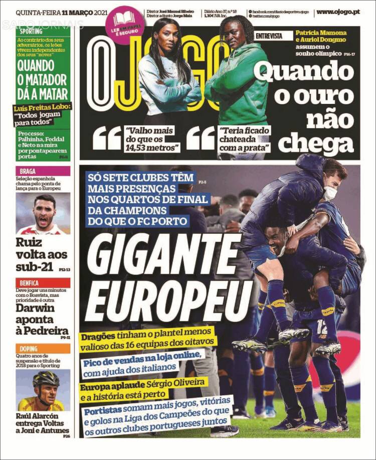 Portada de O Jogo (Portugal)