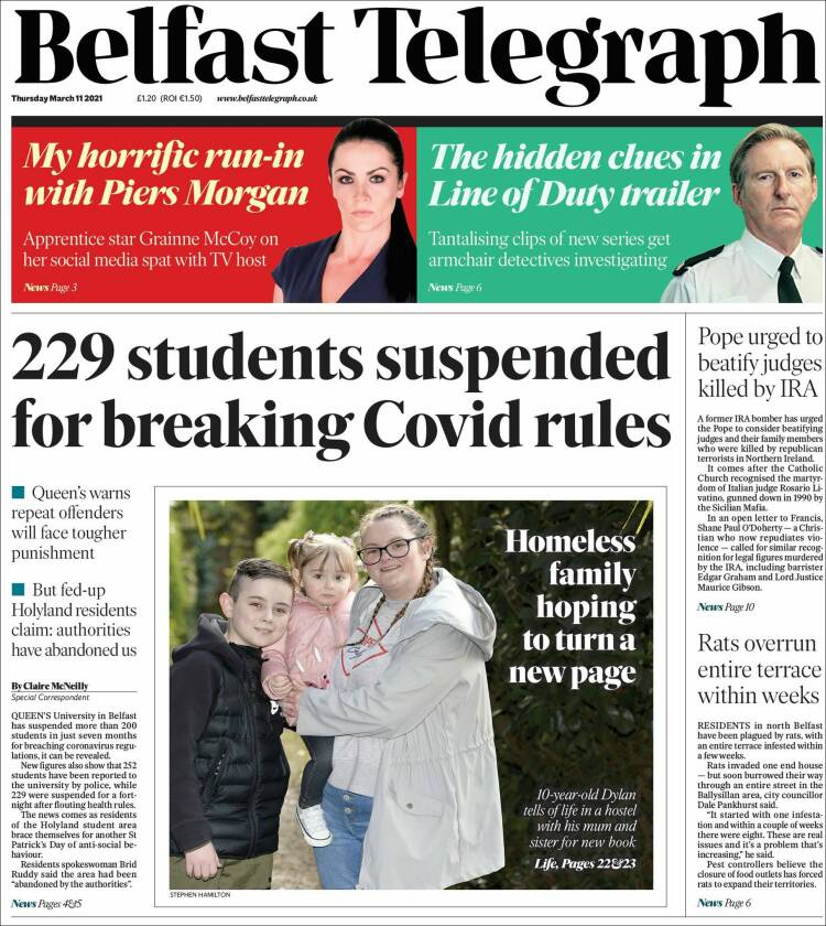 Portada de Belfast Telegraph (Reino Unido)