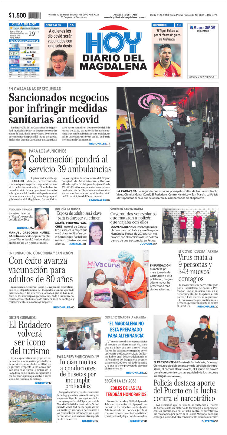 Portada de Hoy Diario del Magdalena (Colombia)