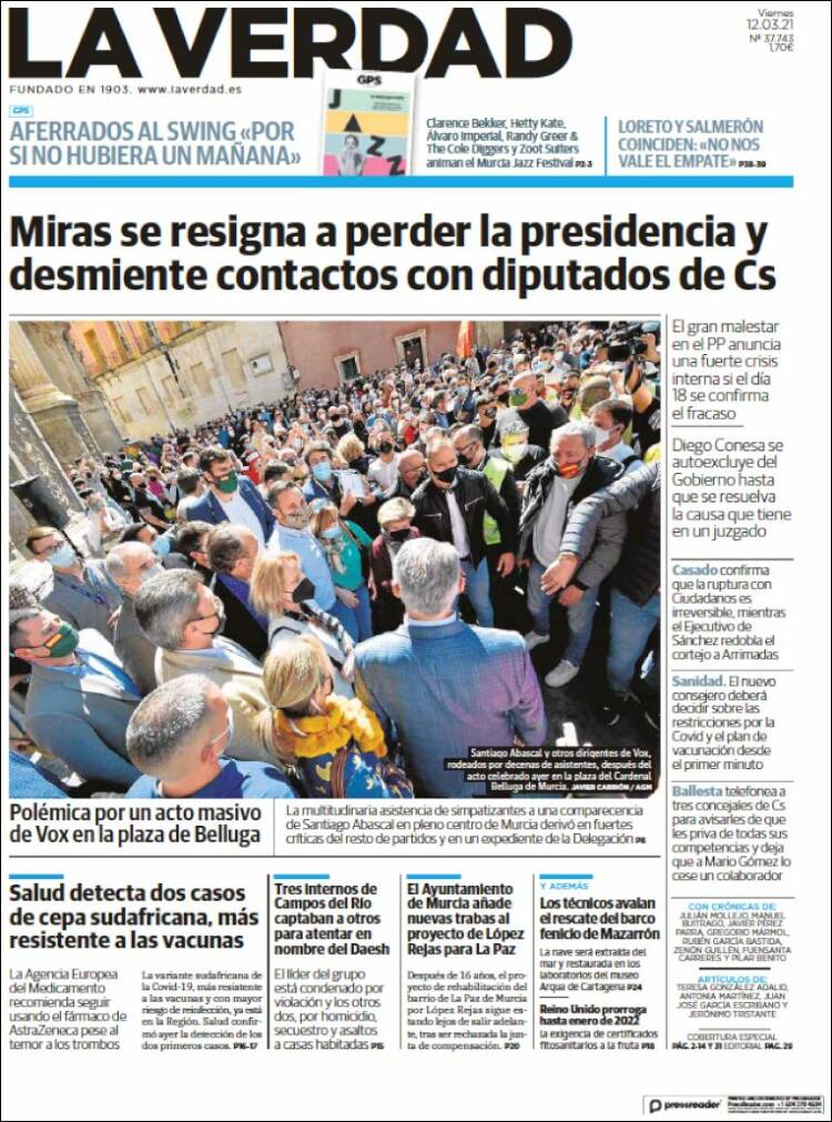 Portada de La Verdad de Murcia (España)